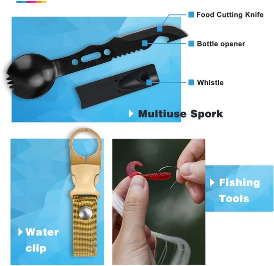 Zwarte multitool met vork en mes, waterclip, en visgerei met rode kunstaas.