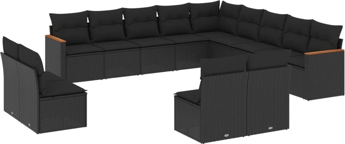 The Living Store 13-delige Loungeset met kussens poly rattan zwart - Loungebank - Lounge Set - Tuinset - Buitendecoratie - Tuinbank