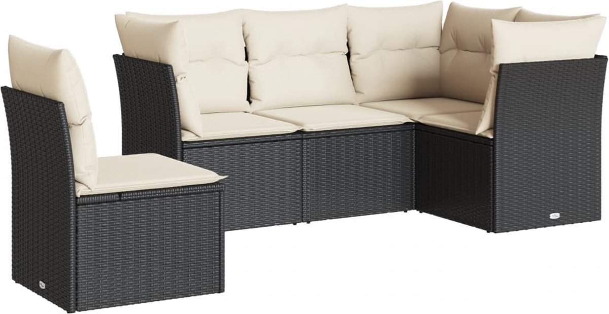 The Living Store 5-delige Loungeset met kussens poly rattan zwart - Loungebank - Tuinset - Loungegroep - Buitendecoratie - Garden Furniture