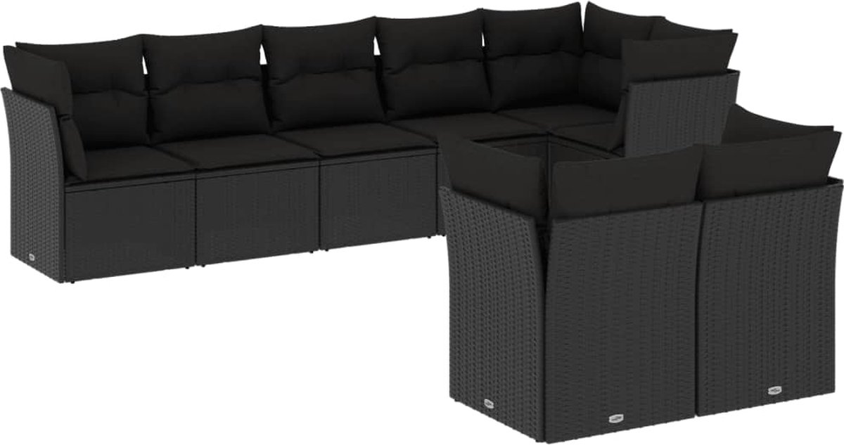 The Living Store 8-delige Loungeset met kussens poly rattan zwart - Loungebank - Tuinset - Lounge Set - Tuinmeubels - Outdoor Furniture
