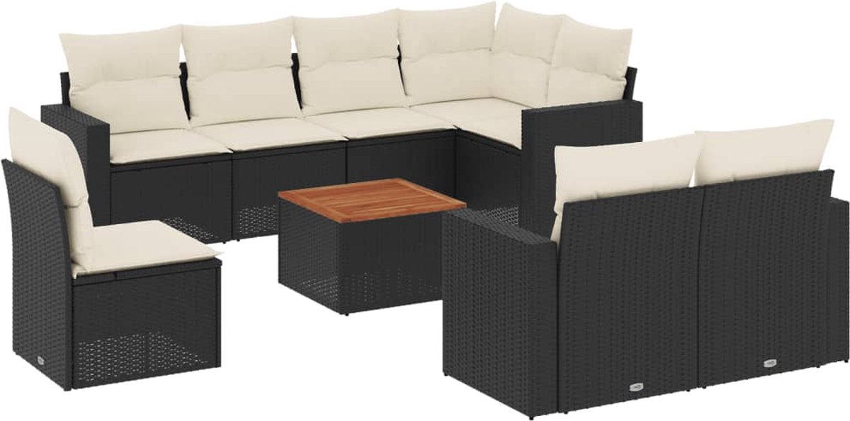 The Living Store 9-delige Loungeset met kussens poly rattan zwart - Loungebank - Lounge Set - Tuinbank - Buitendecoratie - Outdoor Furniture