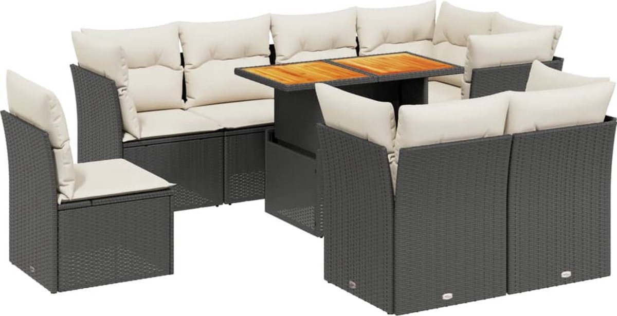 The Living Store 9-delige Loungeset met kussens poly rattan zwart - Loungebank - Tuinset - Lounge Set - Buitendecoratie - Tuinmeubels
