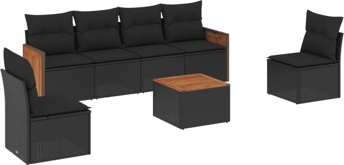 The Living Store 7-delige Loungeset met kussens poly rattan zwart - Loungeset - Tuinmeubels - Lounge Set - PE Rattan - Zwarte Tuinbank