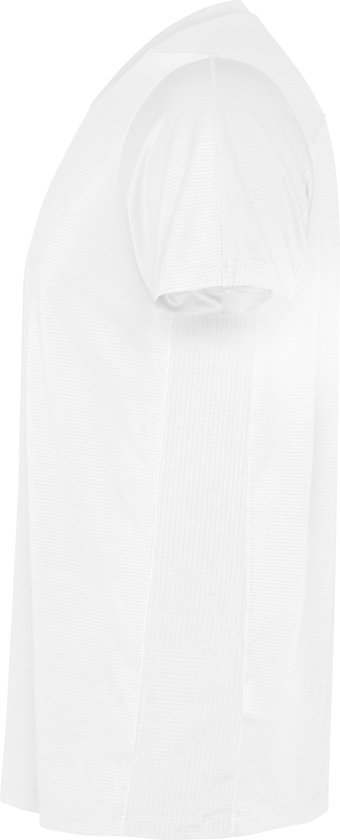Zijaanzicht van een wit Roly sportshirt met korte mouwen en een subtiel structuurpatroon.