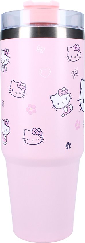 Roze beker met een patroon van kleine Hello Kitty gezichtjes en figuurtjes. Tekst "Sanrio Hello Kitty" is zichtbaar.
