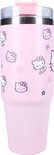 Roze beker met een patroon van kleine Hello Kitty gezichtjes en figuurtjes. Tekst "Sanrio Hello Kitty" is zichtbaar.