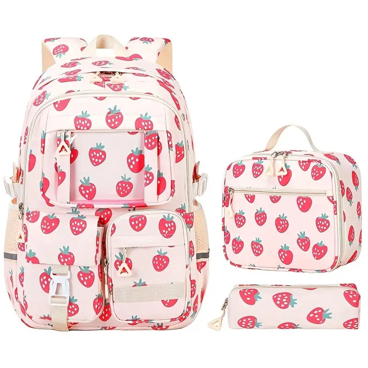 Ultiluxe® Rugzak, lunchtas, etui - Aardbeien - Beige/rood - 3-delige set - Schooltas, rugtas, 15.6 inch laptoptas - Schoolrugzak, koeltas, pennentas - 46 x 31 x 18 cm - Voor kinderen en meiden - Waterbestendig - Schoolrugtas
