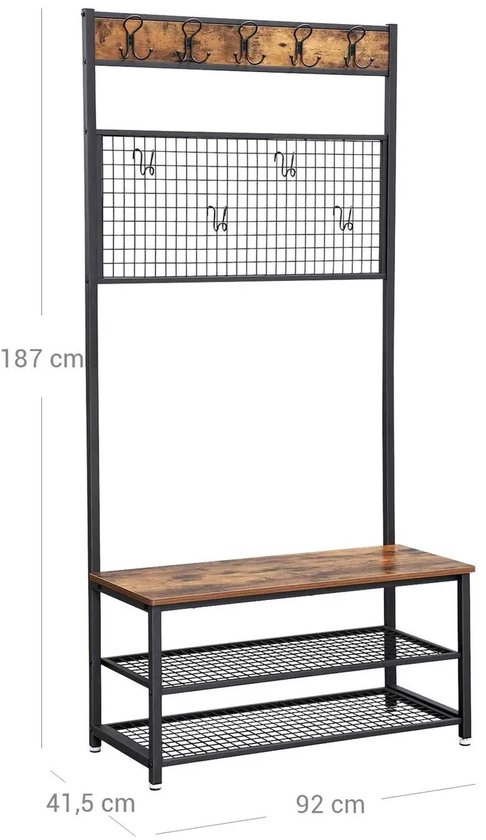 DeXem - Porte-manteau - Avec étagère à chaussures - Cadre en métal robuste - Style industriel - Marron rustique et Zwart - étagère à chaussures