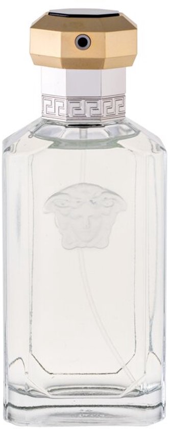 Glazen parfumfles met goudkleurige dop en Medusa-afbeelding.