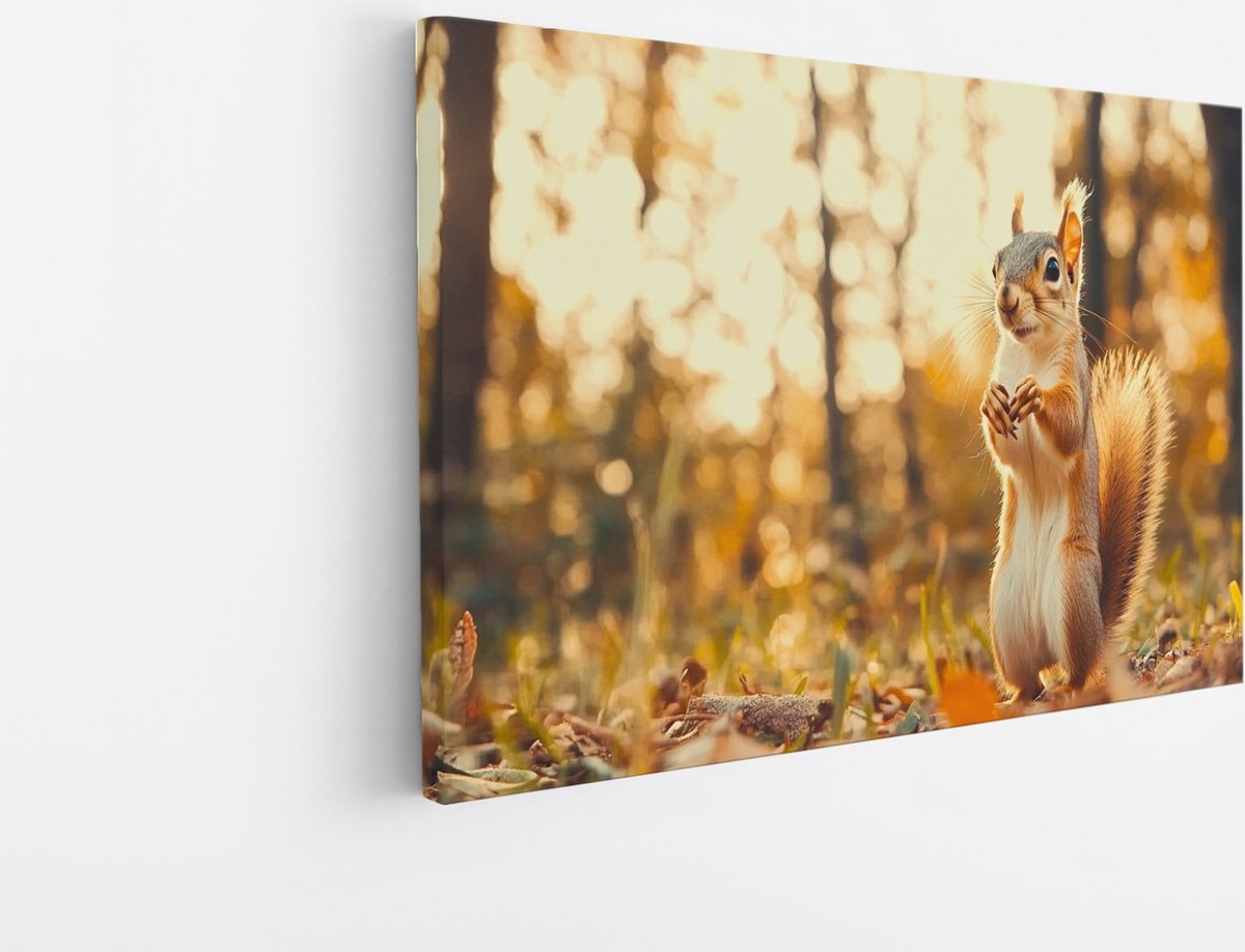 Saammp Canvas Schilderij - Eekhoorn in herfst bos - Natuur - Dieren - 100x75 - Foto op canvas - Wanddecoratie - Muurdecoratie Woonkamer - Slaapkamer decoratie - Canvas Print Multicolor