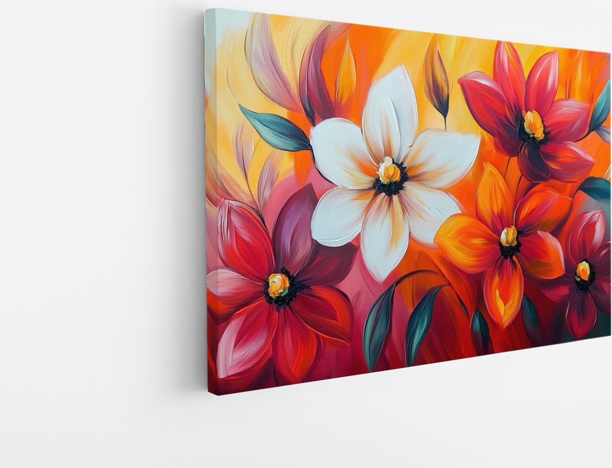 Saammp Canvas Schilderij - Oranje Wit Gekleurde Bloemen - Kleurrijk - Natuur - Abstract - 50x40 - Foto op canvas - Wanddecoratie - Muurdecoratie Woonkamer - Kantoor Decoratie Multicolor