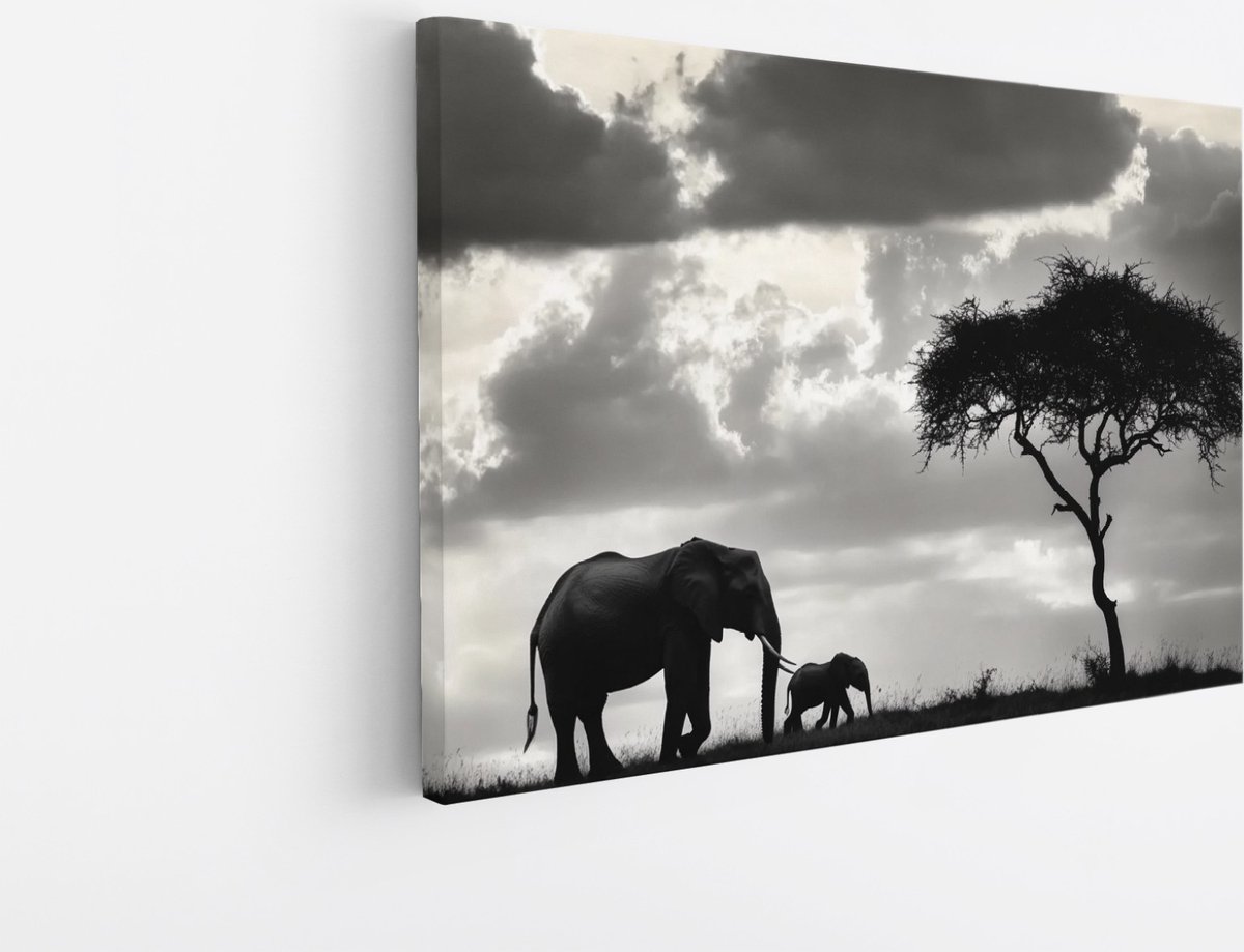 Saammp Canvas Schilderij - Olifanten - Zwart-Wit - Silhouet - Abstract - Dieren - 70x50 - Foto op canvas - Wanddecoratie - muurdecoratie Woonkamer - Slaapkamer decoratie - Canvas Print Multicolor