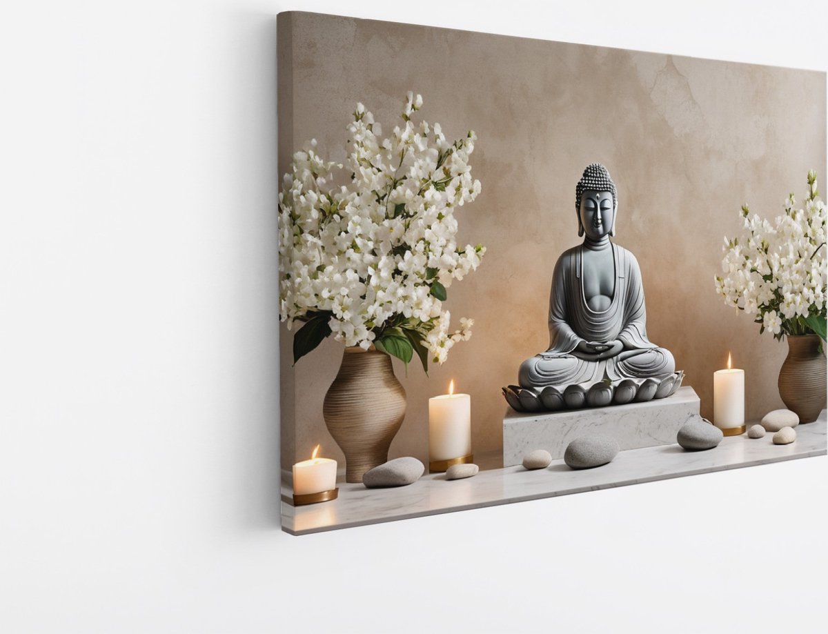Saammp Canvas Schilderij - Boeddha met kaarsen en bloemen - 40x30 - Foto op canvas - Wanddecoratie - Muurdecoratie Woonkamer - Canvas schilderijen Multicolor
