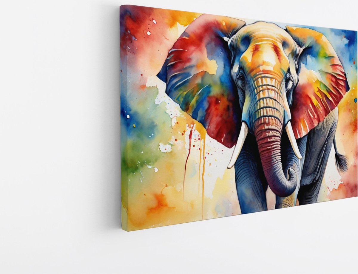 Saammp Canvas Schilderij - Olifant - Kleurrijk - Natuur - Dieren - 90x60 - Foto op canvas - Wanddecoratie - Muurdecoratie Woonkamer - Slaapkamer decoratie - Canvas Print Multicolor