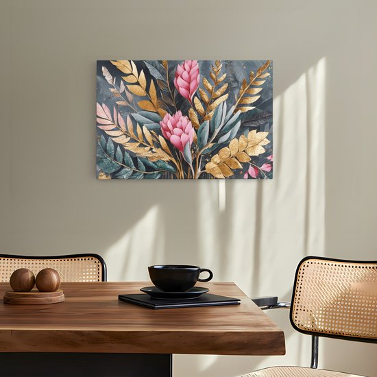 Saammp Canvas Schilderij - Grote roze bloemen en gouden bladeren - Modern - 100x75 - Foto op canvas - Wanddecoratie - Muurdecoratie Woonkamer - Kantoor Decoratie