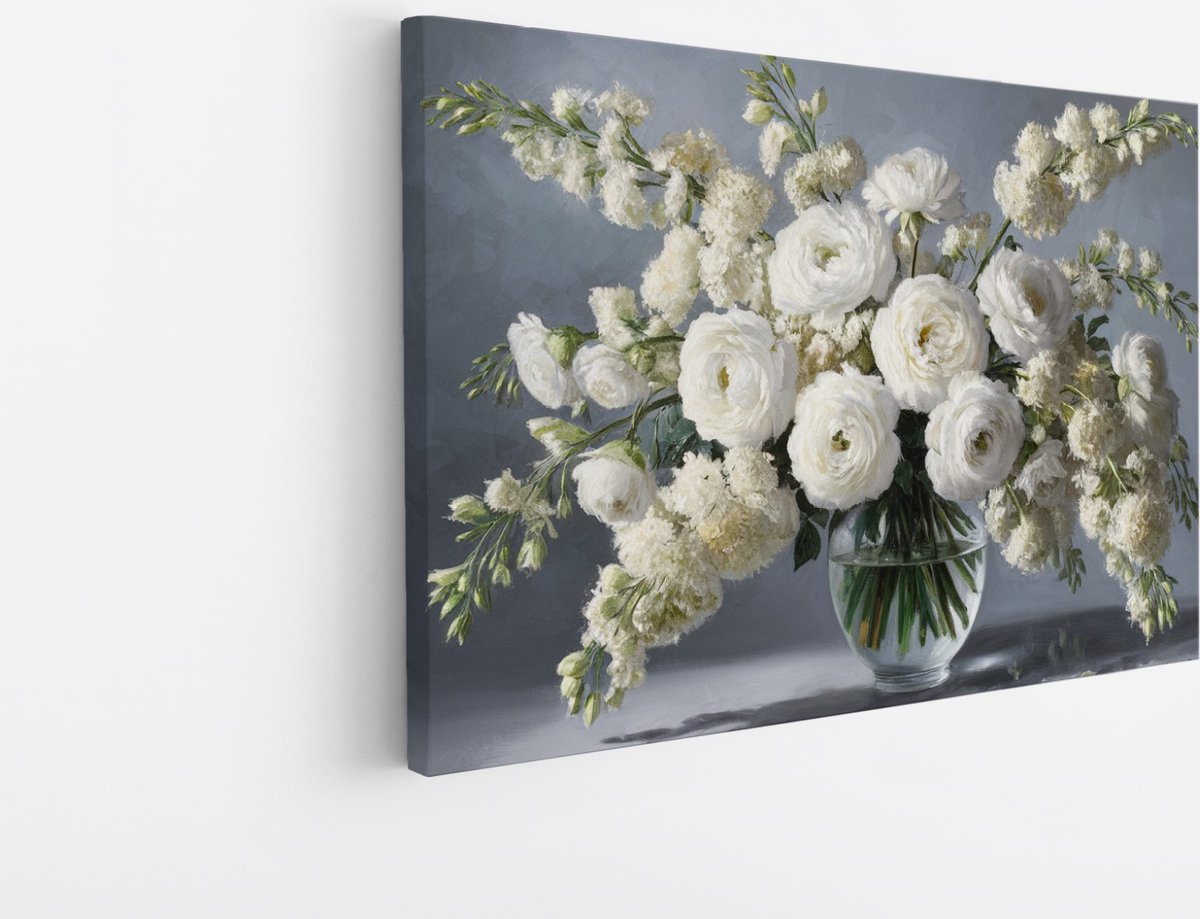 Saammp Canvas Schilderij - Abstracte Witte Bloemen in vaas - Natuur - 70x50 - Foto op canvas - Wanddecoratie - Muurdecoratie Woonkamer - Kantoor Decoratie Multicolor