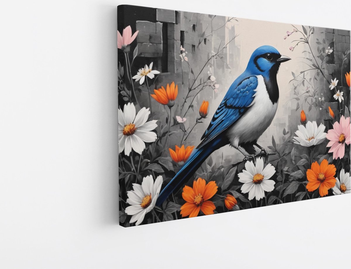 Saammp Canvas Schilderij - Blauwe Kolibrie - Natuur - Dieren- 90x60 - Foto op canvas - Wanddecoratie - Muurdecoratie Woonkamer - Slaapkamer decoratie - Canvas Print Multicolor