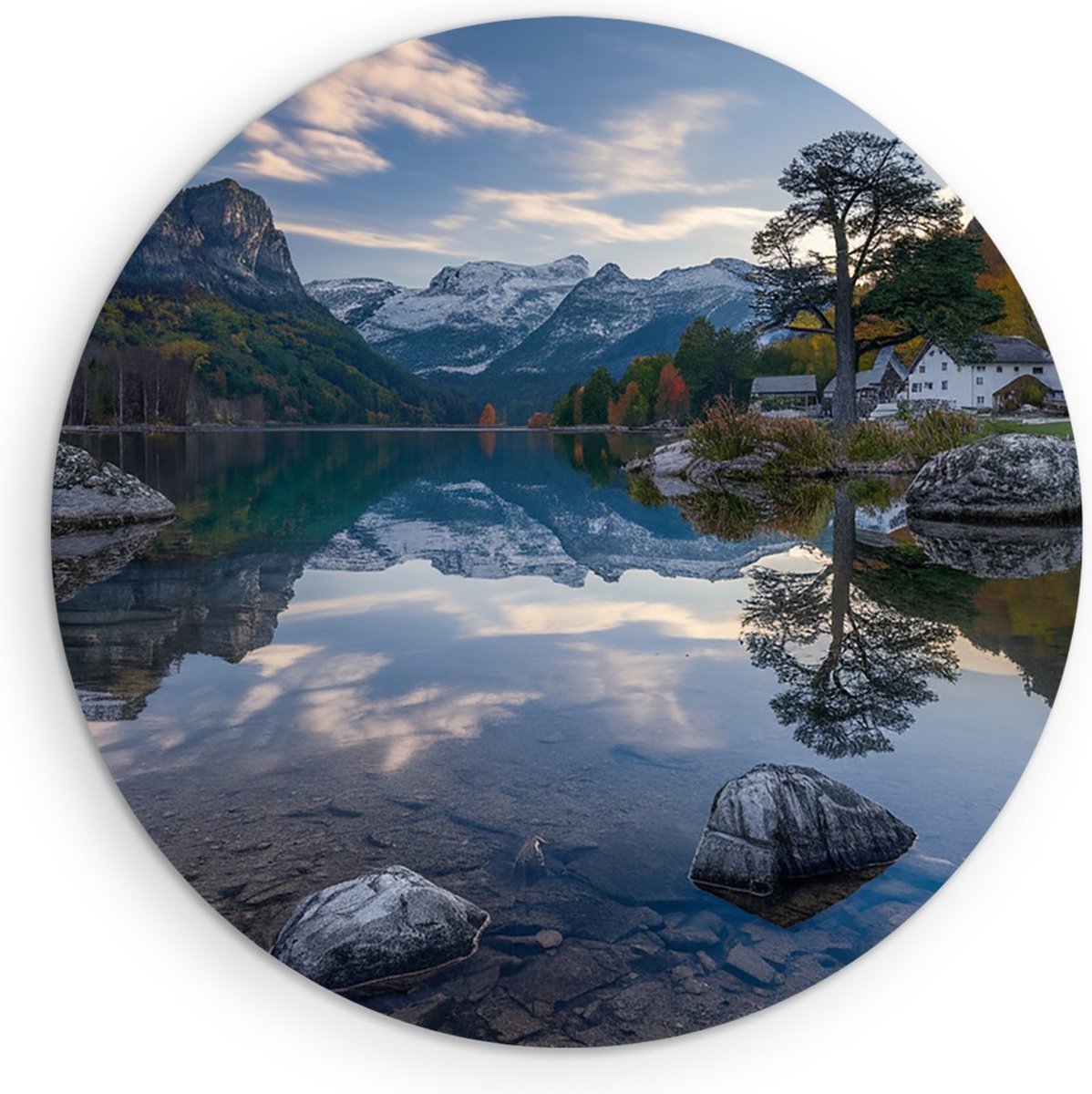 Saammp Muurcirkel Hout - Groot meer tussen de bergen - Rotsen - Bloemen - Landschap - Natuur - Ø 90 - Wandcirkel - Wanddecoratie Cirkel - Muurdecoratie Woonkamer - Slaapkamer decoratie - Rond Schilderij