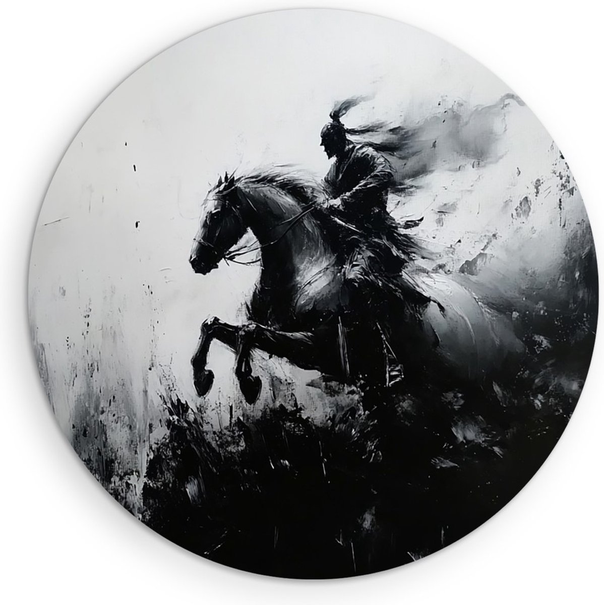Saammp Muurcirkel Hout - Abstract Paard met ruiter - Natuur - Ø 90 - Wandcirkel - Wanddecoratie Cirkel - muurdecoratie Woonkamer - Slaapkamer decoratie - Rond Schilderij