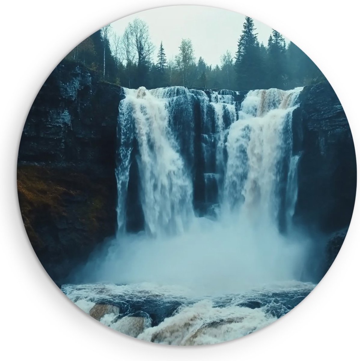 Saammp Muurcirkel Hout - Natuur - 2 Watervallen - Rotsen - Ijsland - landschap - Ø 80 - Wandcirkel - Wanddecoratie Cirkel - Muurdecoratie Woonkamer - Slaapkamer decoratie - Rond Schilderij