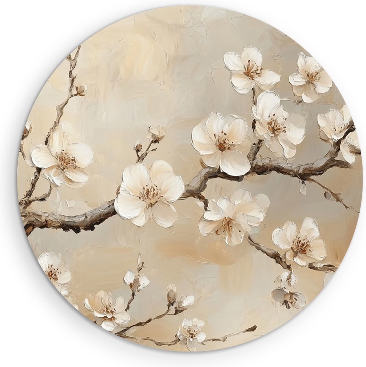 Saammp Muurcirkel Hout - Witte bloemen aan tak - Abstract - botanisch - Ø 60 - Wandcirkel - Wanddecoratie Cirkel - Muurdecoratie Woonkamer - Woonkamer Decoratie