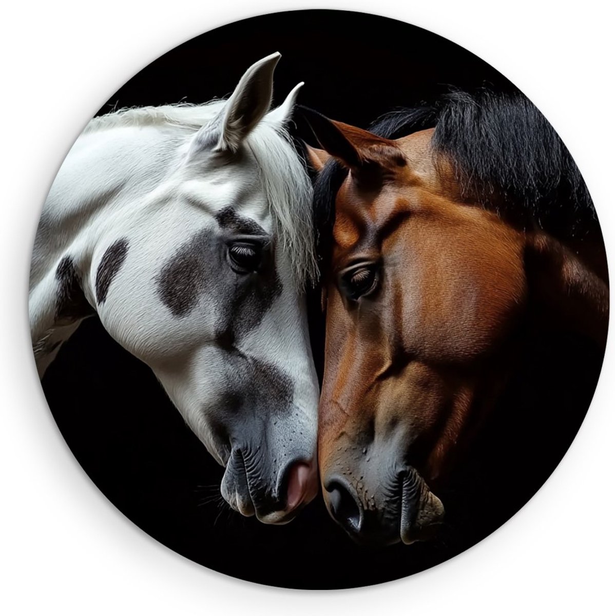 Saammp Forex Muurcirkel - paarden met hoofden tegen elkaar - Liefde - Dieren - Natuur - Ø 90 - Wandcirkel - Wanddecoratie Cirkel - muurdecoratie Woonkamer - Slaapkamer decoratie - Rond Schilderij