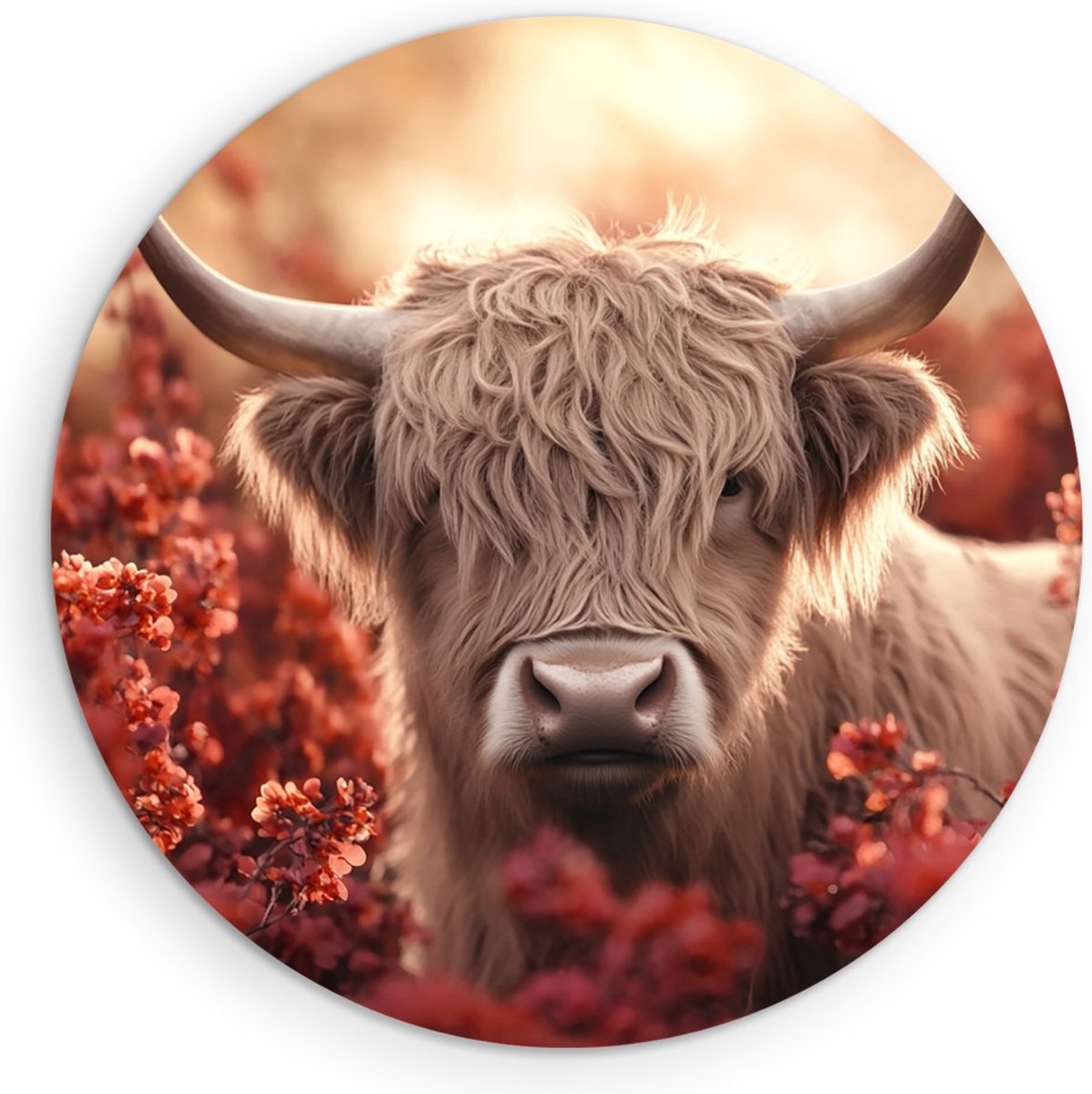 Saammp Muurcirkel Hout - Schotse Hooglander Koe tussen de rode bloemen - Dieren - Natuur - Ø 40 - Wandcirkel - Wanddecoratie Cirkel - muurdecoratie Woonkamer - Slaapkamer decoratie - Rond Schilderij