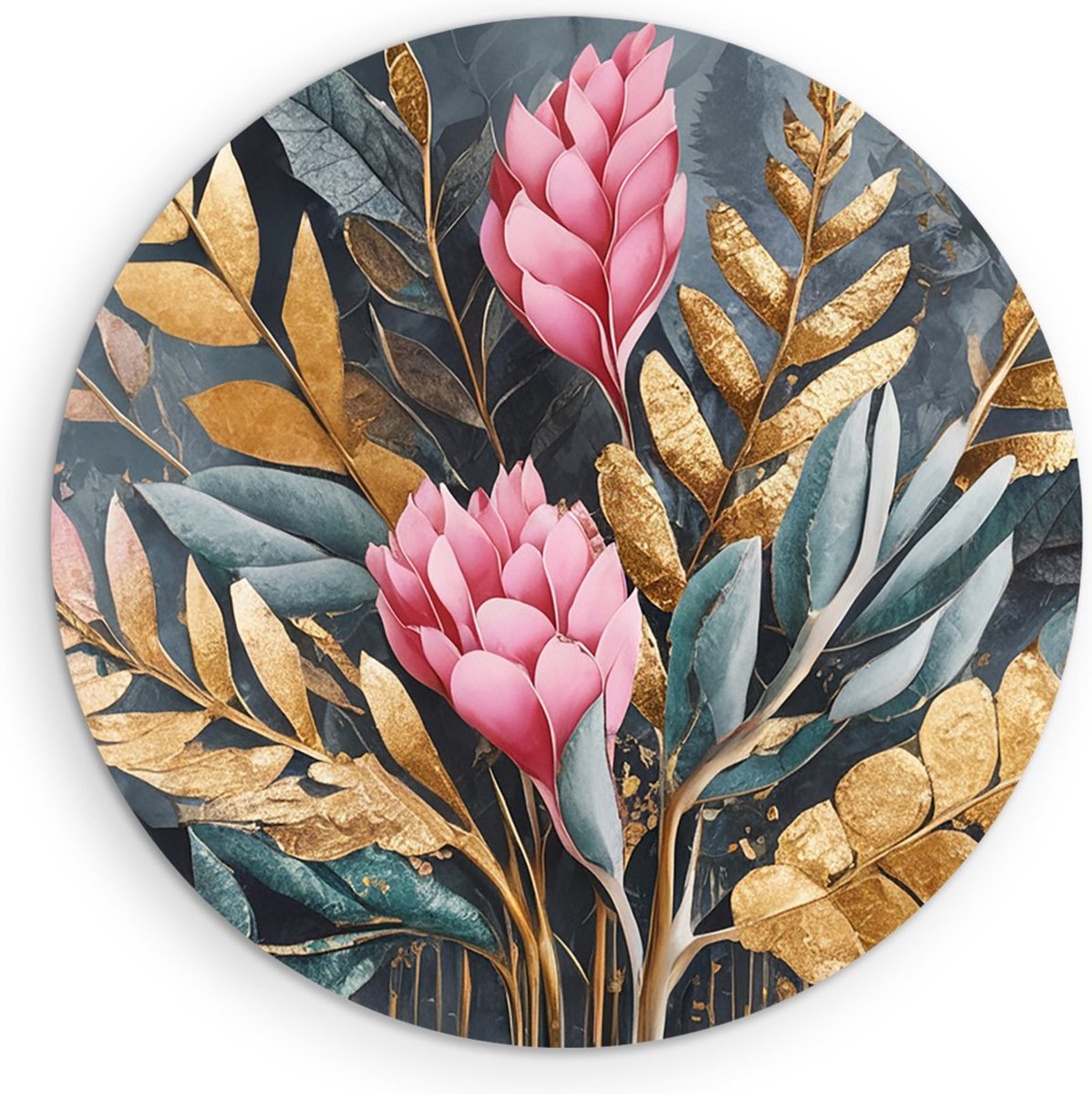 Saammp Forex Muurcirkel - Grote roze bloemen en gouden bladeren - Modern - Ø 70 - Wandcirkel - Wanddecoratie Cirkel - Muurdecoratie Woonkamer - Kantoor Decoratie
