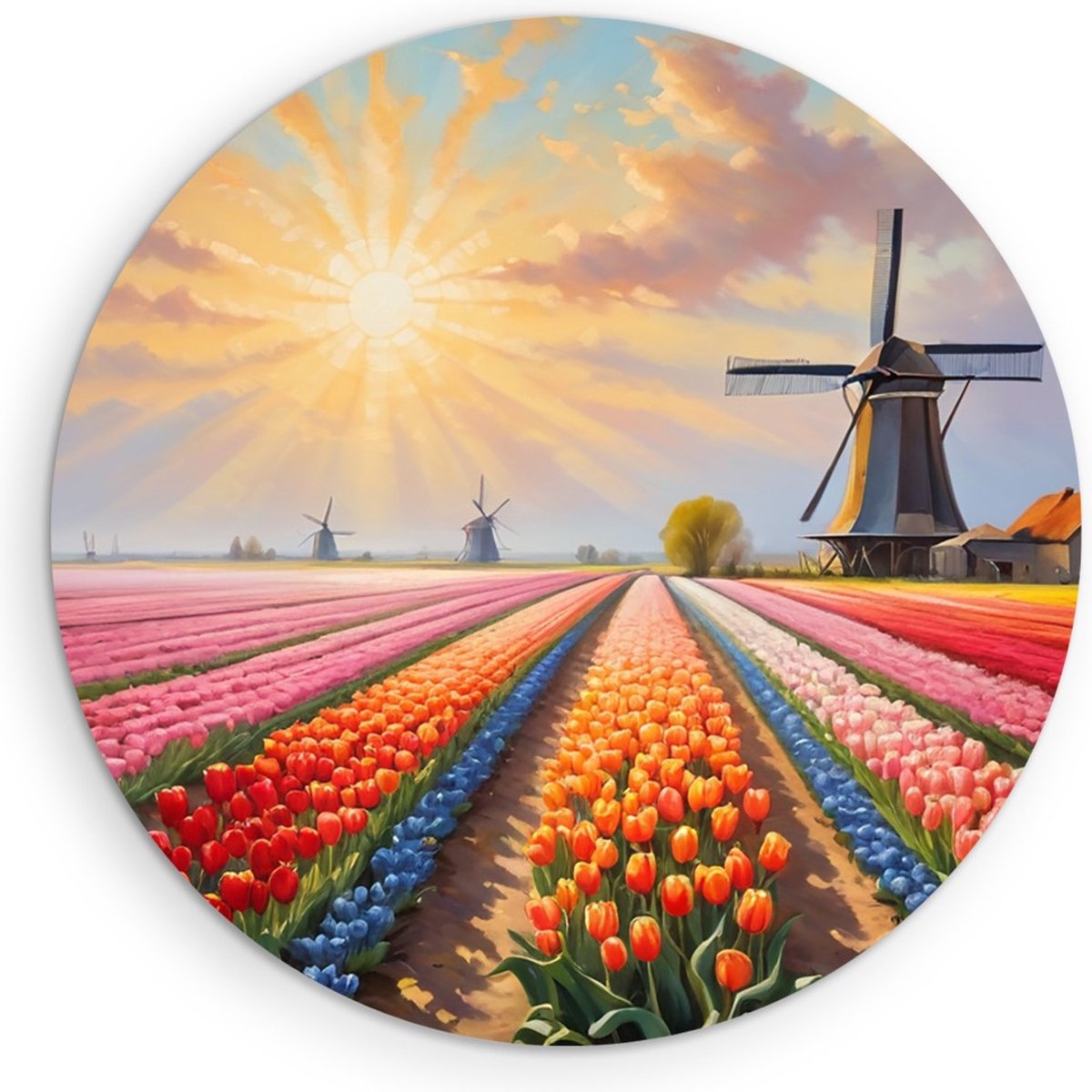 Saammp Muurcirkel Hout - Landschap - Abstracte kleurrijke tulpen - Natuur - Ø 50 - Wandcirkel - Wanddecoratie Cirkel - Muurdecoratie Woonkamer - Slaapkamer decoratie - Rond Schilderij