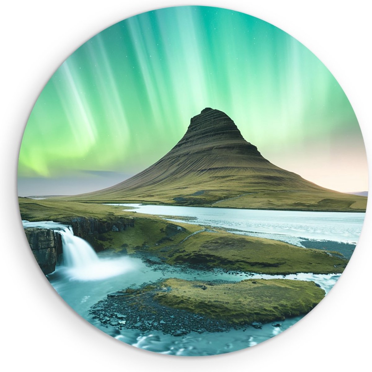 Saammp Muurcirkel Hout - Ijsland - Noorderlicht - Landschap - Natuur - Ø 50 - Wandcirkel - Wanddecoratie Cirkel - Muurdecoratie Woonkamer - Slaapkamer decoratie - Rond Schilderij