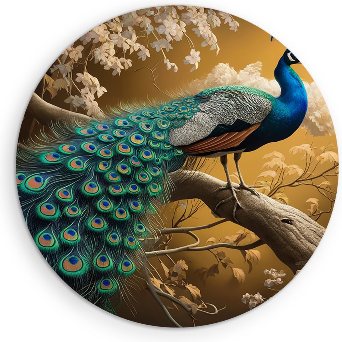 Saammp Muurcirkel Hout - Pauw tussen de bloemen en vlinders - Dieren - Natuur - Ø 30 - Wandcirkel - Wanddecoratie Cirkel - muurdecoratie Woonkamer - Slaapkamer decoratie - Rond Schilderij