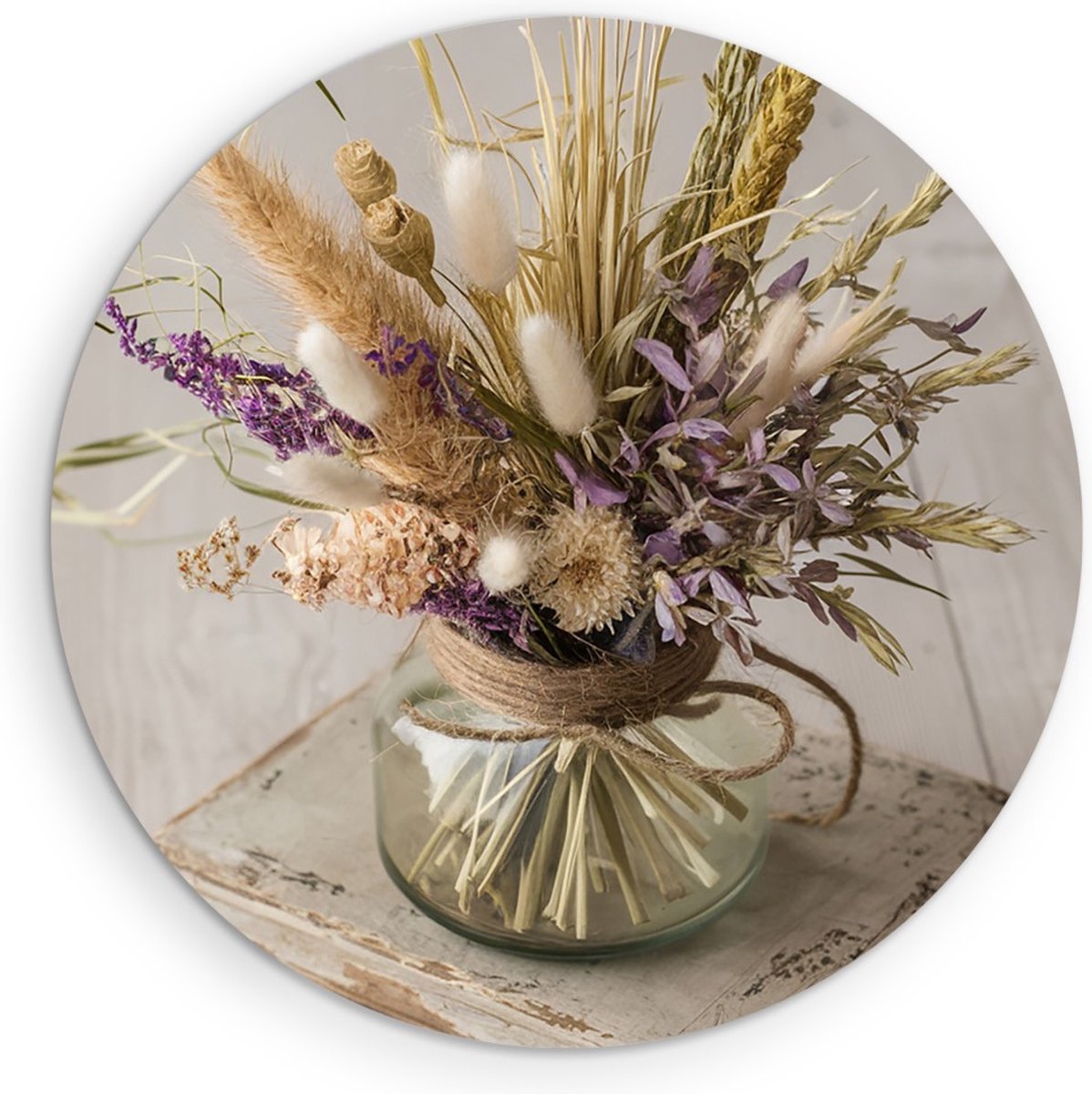 Saammp Muurcirkel Hout - Gekleurde bloemen in glazen vaas - Natuur - Ø 30 - Wandcirkel - Wanddecoratie Cirkel - Muurdecoratie Woonkamer - Kantoor Decoratie