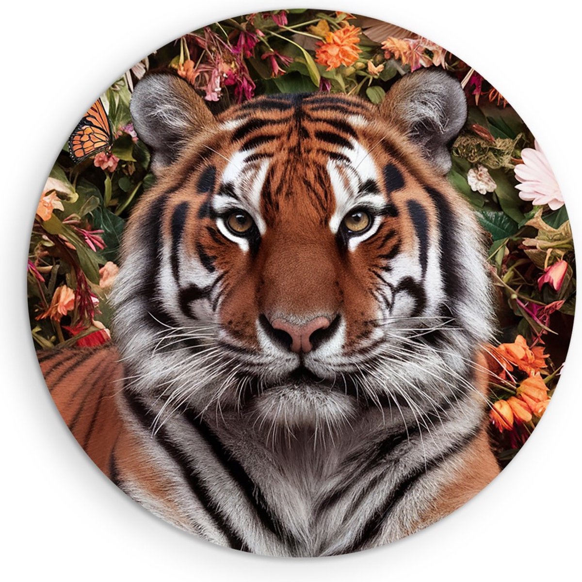 Saammp Muurcirkel Hout - Tijger tussen de bloemen - Dieren - Ø 70 - Wandcirkel - Wanddecoratie Cirkel - muurdecoratie Woonkamer - Slaapkamer decoratie - Rond Schilderij