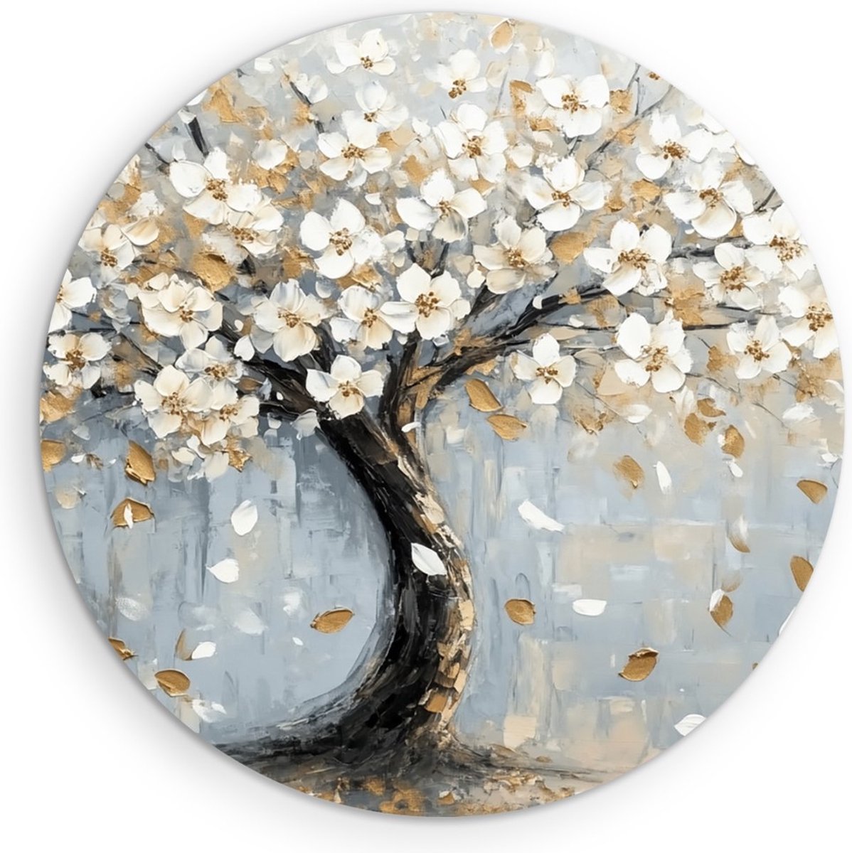 Saammp Forex Muurcirkel - Boom met witte bloemen - Abstract - Ø 90 - Wandcirkel - Wanddecoratie Cirkel - Muurdecoratie Woonkamer - Slaapkamer decoratie - Rond Schilderij