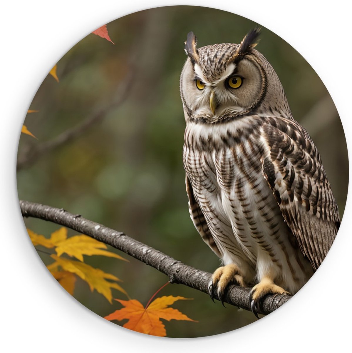 Saammp Muurcirkel Hout - Uil op tak in de herfst - Natuur - Dieren - Ø 30 - Wandcirkel - W