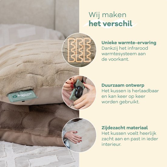 Zenwave warmtekussen: unieke infrarood warmte, duurzaam en omkeerbaar ontwerp, zijdezacht materiaal in Sandstone Beige.