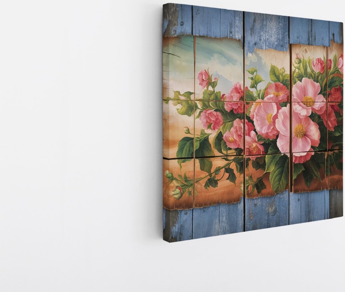 Saammp Canvas Schilderij - Roze bloemen op hout - Abstract - 100x100 - Foto op canvas - Wanddecoratie - Muurdecoratie Woonkamer - Kantoor Decoratie Multicolor