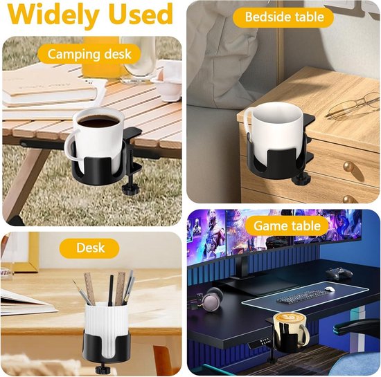 Bekerhouder tafel, verstelbare bekerhouder bureau, 2-in-1 drankhouder, bekerhouderclip, tafelzijdige flessenhouder voor thuis en kantoor, 1 stuk, wit