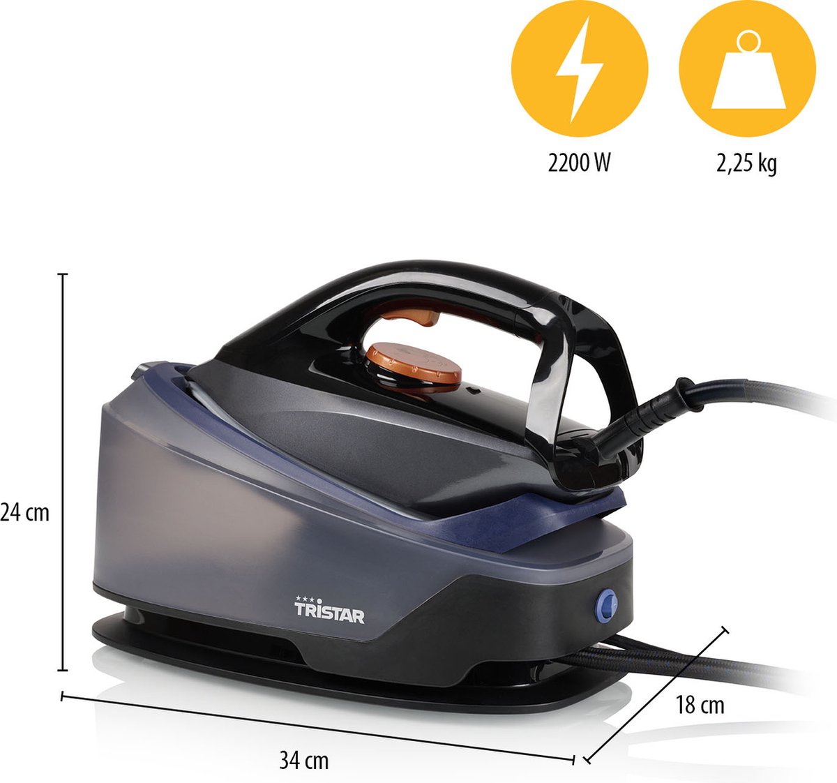 Tristar ST-8930 - Strijkijzer Stoomgenator - 2200W - 1.2 L watertank - 6,5 bar - Antraciet/blauw — afbeelding 5