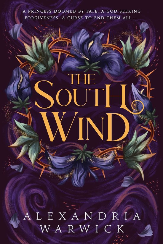 Boekomslag met de titel 'The South Wind', met paarse bloemen en doornen.