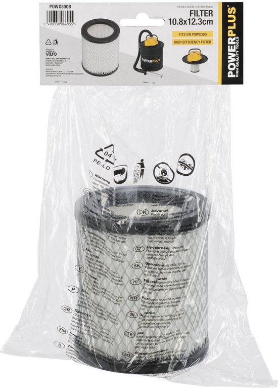 Powerplus filter 10.8x12.3cm, verpakking met filter en meertalige informatie.