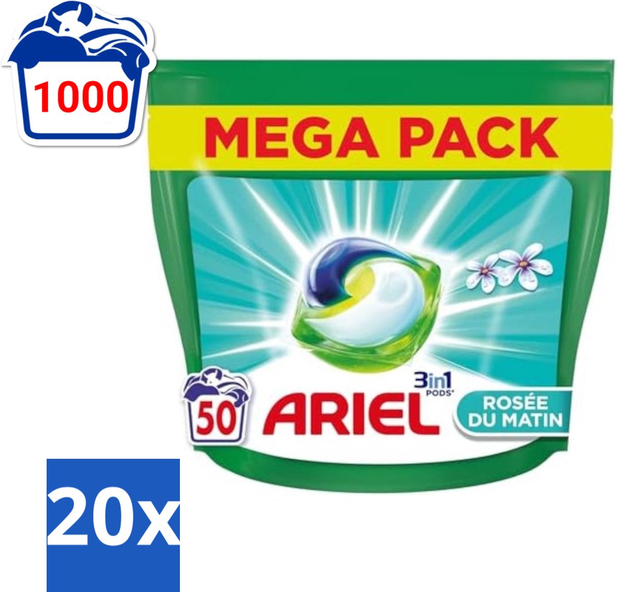 Ariel Original - Ochtenddauw - Wasmiddelcapsules - 3in1 Pods - Witte en Gekleurde Was - 50 Wasbeurten - Bulkverpakking - 20 stuks