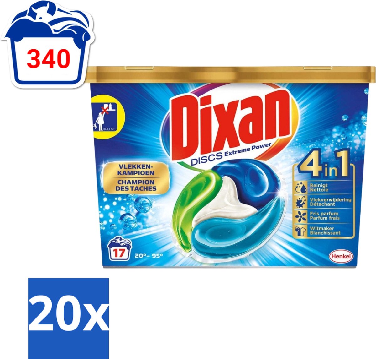 Dixan Discs - Wasmiddelcapsules en Vlekverwijderaar - Extreme Power - Witte, Gekleurde & Zwarte Was - 17 Wasbeurten - Bulkverpakking - 20 stuks