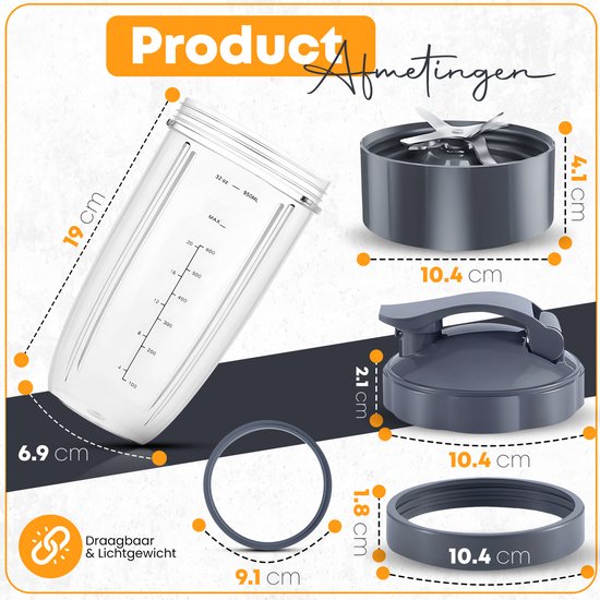 Nexsel 8-Delige Accessoires set Geschikt voor Nutribullet 600 900 watt - 2 Bekers (900 ml), Messenblad, Deksel & meer - Cup Mes Blade Onderdelen voor Nutri Bullet Blender van Merkloos — afbeelding 5