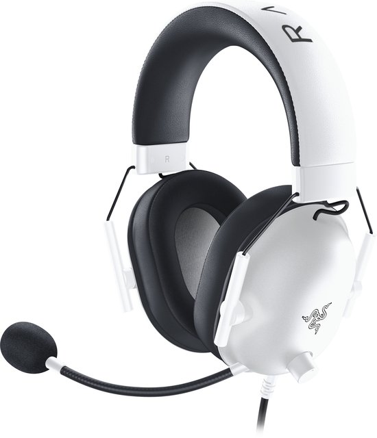 Witte Razer Blackshark V2 X gaming headset met zwarte hoofdband en oorkussens, gedetailleerd.