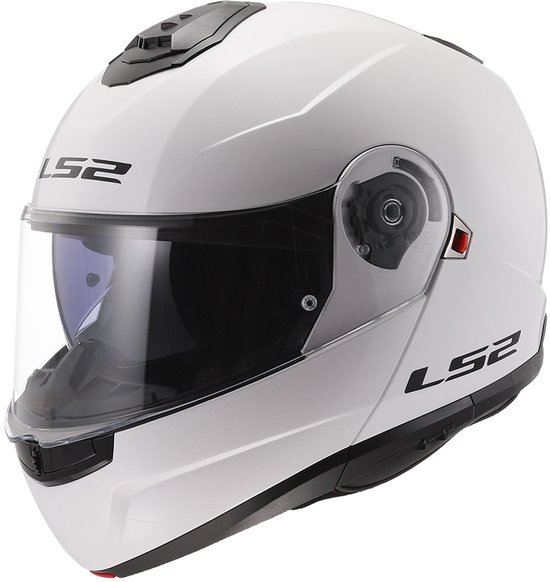 Casque modulable blanc LS2 avec visière teintée et accents noirs. Logo LS2 sur le côté.