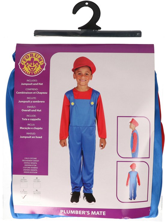 Verpakking van Mario-kostuum voor kinderen, met een afbeelding van een jongen in rood met blauwe overall en rode pet.