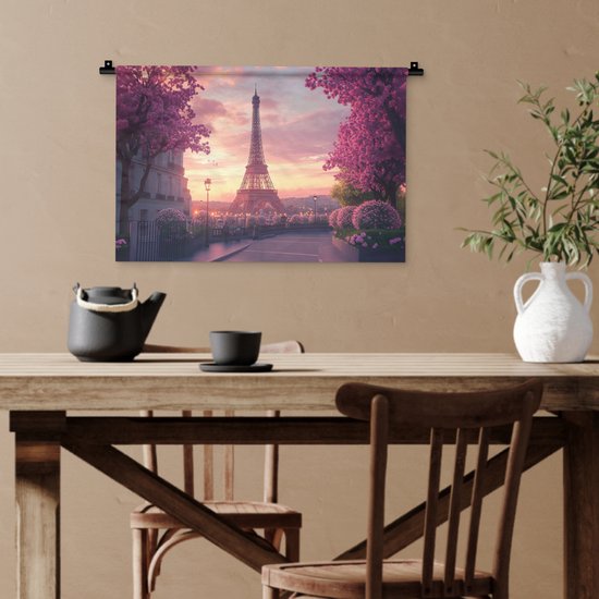 Wandkleed 60x40 cm - Wanddoek Eiffeltoren - Parijs - Roze - Wandtapijt - Wandkleden