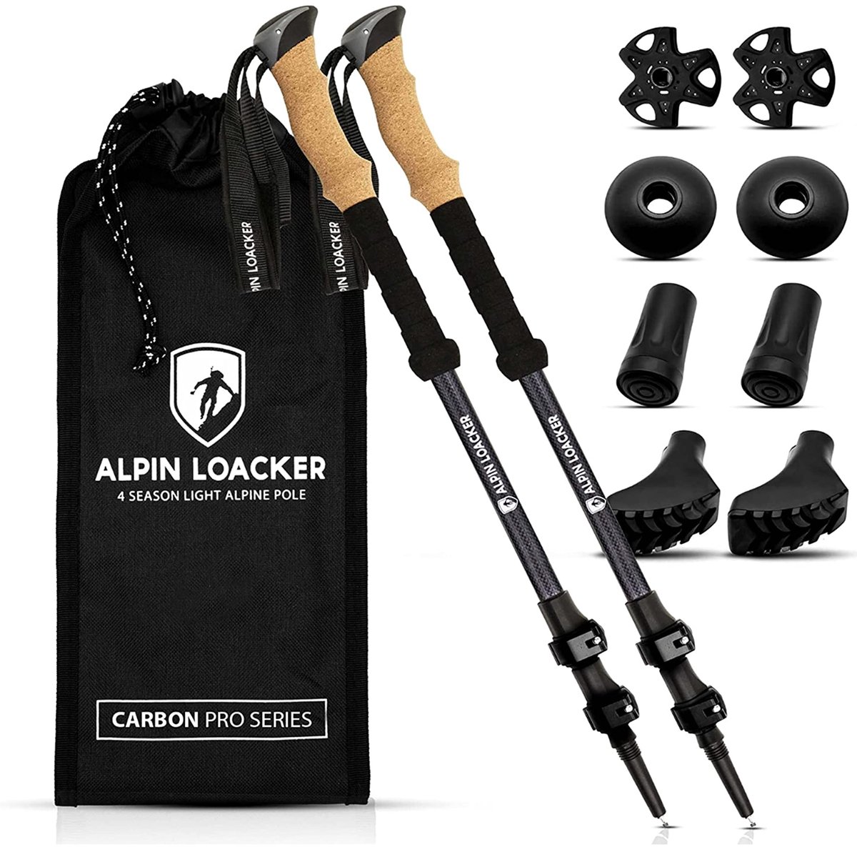 Alpin Loacker Carbon Trekkingstokken Verstelbaar met Korkgriff 105-135 cm - Lichtgewicht Nordic Walking Stokken met Accessoires en Tas - Trekking, Nordic Walking, Outdoor