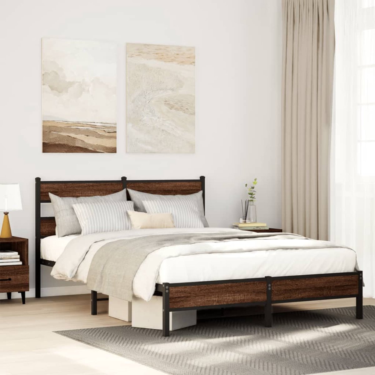 vidaXL Bedframe - zonder - matras - bewerkt - hout - bruin - eikenkleur - 160x200 - cm